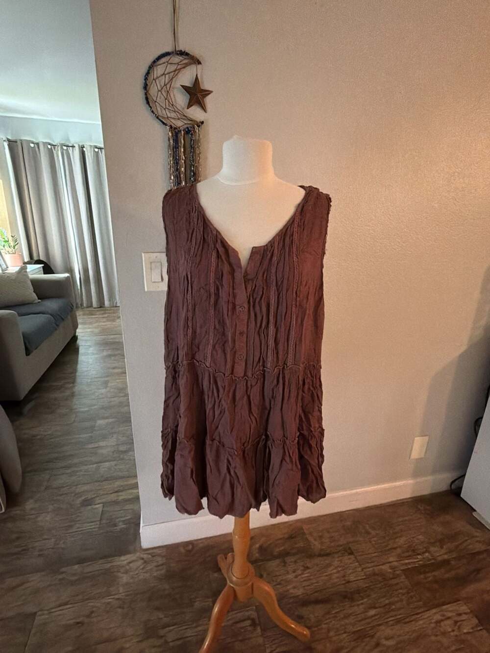 Indigo Thread Co. Sleeveless Tiered Gauze Mini Dress in Dark Brown